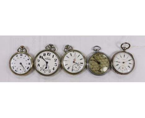 A French white metal open face keywind pocket watch, retailed by Delvallez, Horloger A Lillers and four other chrome or nicke