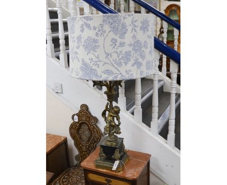 A large cherub stem cast brass five light table lamp with shade, 99cms high including shade