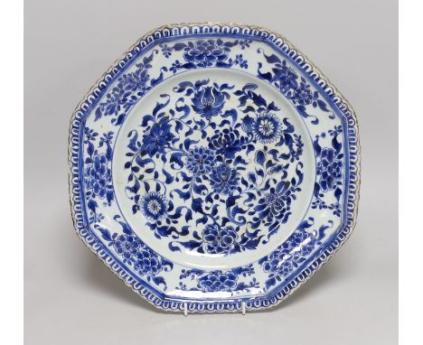A Chinese blue and white octagonal floral dish, Kangxi period, 36cms diameter, the base with lingzhi symbol in a double circl