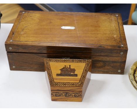 A Tunbridge ware gaugework ‘Hurst Wood Cottage’ rosewood stationery box, and a 19th century mother of pearl inset writing slo