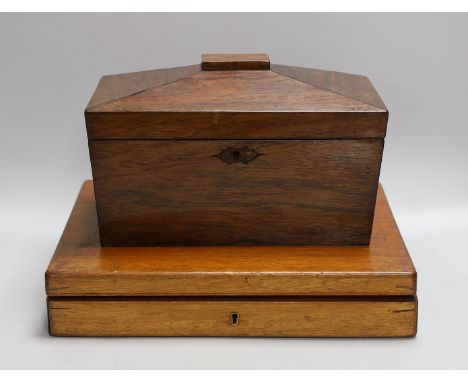 A 19th century rosewood tea caddy and a cased set of 12 plated fish servers, caddy 18cms wide x 14cms high