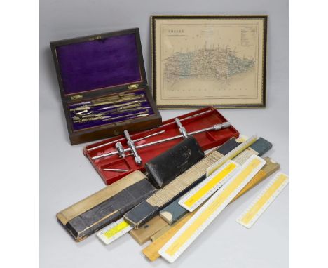 Draughtsman's sets of tools and a map of Sussex