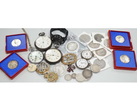 Assorted collectable items, including two silver open faced chronograph pocket watch, a chrome cased military Jaeger LeCoultr