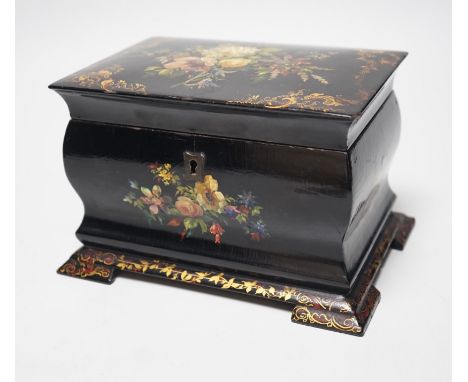 A Victorian papier-mâché bombé tea caddy with painted floral and gilt decoration. 12.5cm high