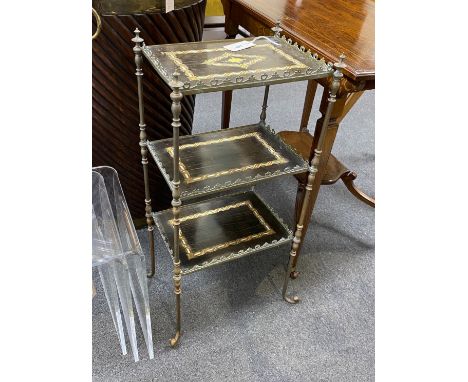 A late 19th century French brass and mother of pearl inlaid three-tiered etagere, width 35cm, depth 26cm, height 75cm