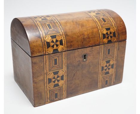 A Victorian burr walnut inset tea caddy, 20 cm wide, the lids with bone knobs