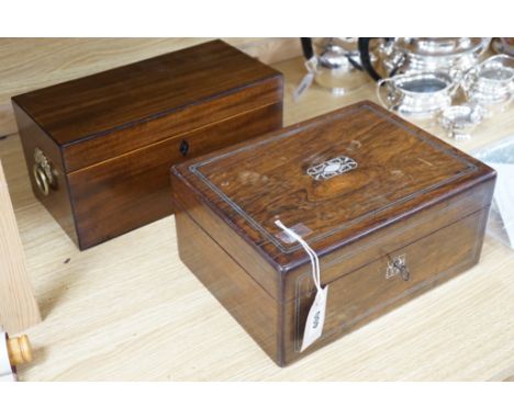 A George IV mahogany tea caddy and a Victorian rosewood and  mother of pearl inlaid workbox-30cms wide x 14cms high