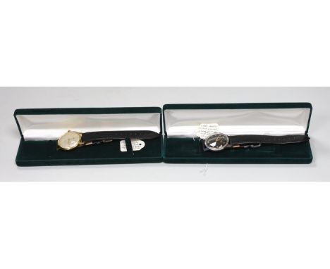 Two gentleman's wrist watches including steel and gold plated Rotary and a Rolex watch box.