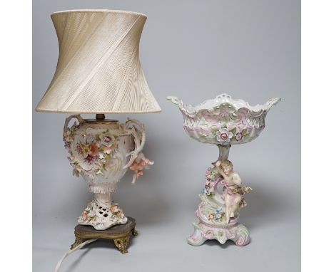 A Sitzendorf figural pedestal bowl and a similar lamp