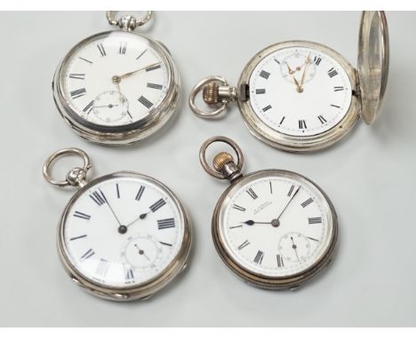 Three assorted Victorian and later silver open face pocket watches, including keywind and keyless and a silver hunter pocket 