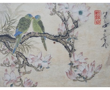 A pair of Japanese watercolours on silk and an painted print of a lady, largest 43x29cm