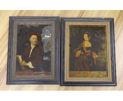 After Sir Joshua Reynolds, reverse print on glass, ‘Mrs Bonfoy’, 36 x 26cm and another damaged reverse print, ‘Alexander’