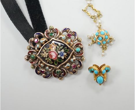 A Victorian yellow metal, enamel and gem set brooch, 37mm, with black sash, together with a yellow metal, turquoise and seed 