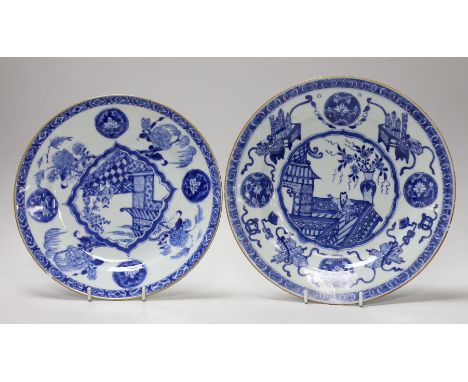 Two Chinese blue and white ‘dancing boy’ dishes, Kangxi period, largest 24.5cm, one with a border of Antiques, the other with