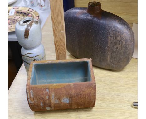 Two Japanese studio pottery vases and a stoneware trough widest vase 35cms