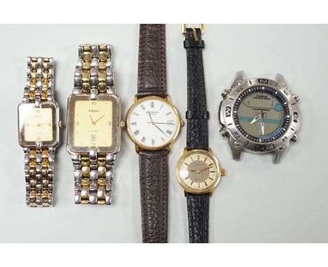 Five assorted wrist watches including lady's gold plated Omega De Ville, with box, a lady's and gentleman's steel and gold pl