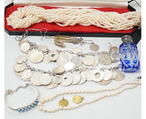 Mixed jewellery including a modern freshwater? pearl torsade necklace, 52cm, a Christian Dior 58 paste set brooch, two coin b