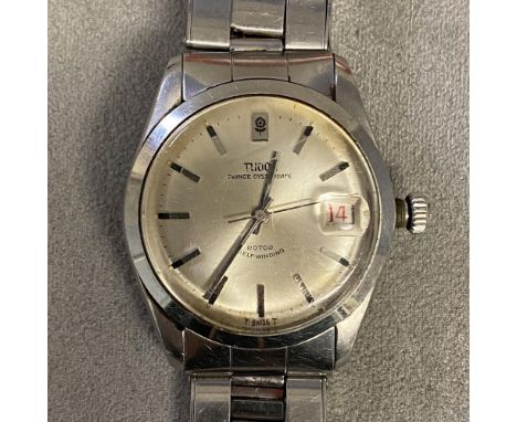 Gents stainless steel Tudor Rolex wrist watch, a 38mm silvered face, with red date aperture at 3 and tudor rose button at 12,