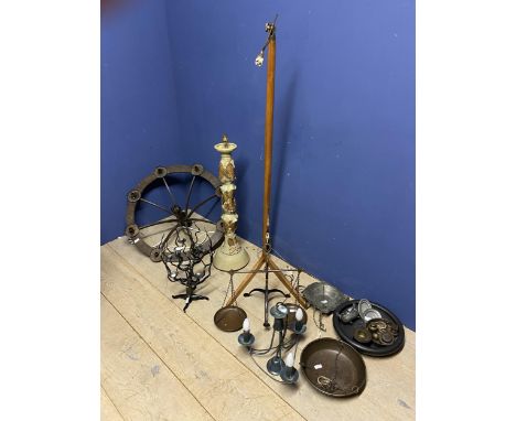 A large decorative Chandelier, various lighting, candle sconces and weighing scales with weights 