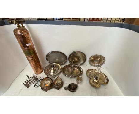 Quantity of silver plate, and a copper and brass vintage sprayer 