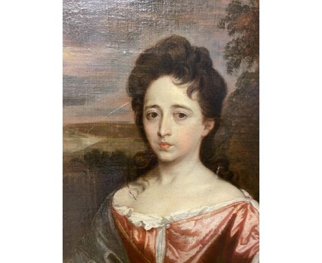 Oil on Canvas, portrait of a lady painted in an  in oval mount, and set in gilt square frame, some wear and scratches, see im