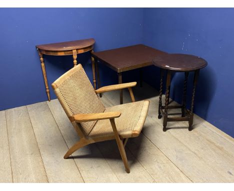 Wicker arm chair, a folding card table, occasional table and small console table; all in used condition, some staining and we