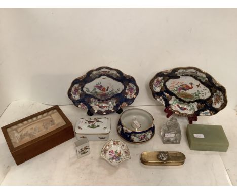 Quantity of China, to include pair of open dishes Booths Pheasant pattern , green onyx box, a wooden box with watercolour ins