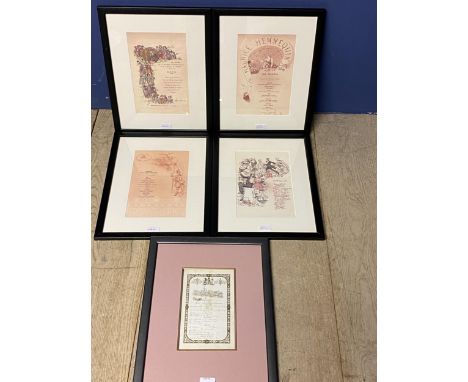 Five framed and glazed original menus from dinners and banquets of note including the 'Household Dinner' Windsor 1874 Provena