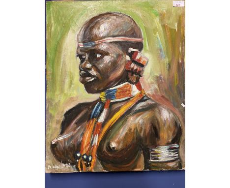 Oil on canvas, unframed, portrait of a tribal colourful costumed woman, signed indistinctly lower left 