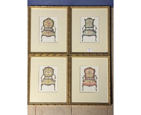 Set of four framed and glazed prints painted and upholstered armchairs 20 x 15 Provenance, consigned by the Roux Family  (LOT