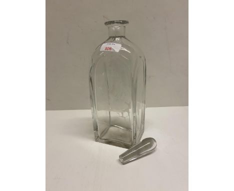C19th  glass decanter and stopper, oblong base, etched romantic scenes to both sides of lady on a balcony and a gentleman loo