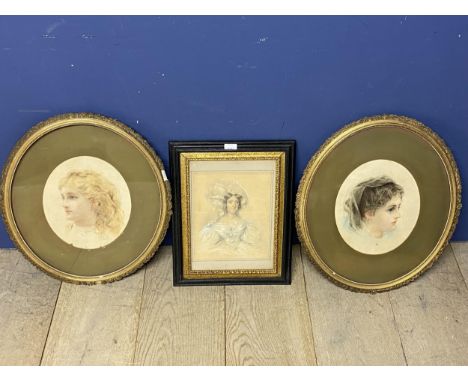 A pair of gilt framed and glazed oval pencil and colour portraits of two ladies 25cm x 30ck;  and another decorative framed a