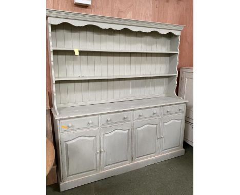 A light green painted pine kitchen dresser 183cm wide x 192cm high &amp; A teak style cupboard on stand, with the cupboard do