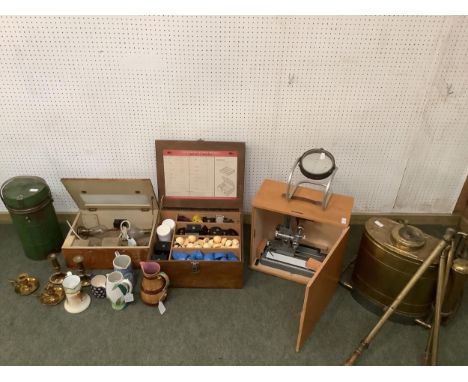 A quantity of scientific, military related and vintage items including: wooden boxed microscope (possibly), labelled Griffin 