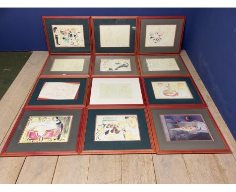 Pauline Bewick 12 mounted framed and glazed prints 'Le Gavroche Party' 1989. Paintings and sketches whilst a guest at a party
