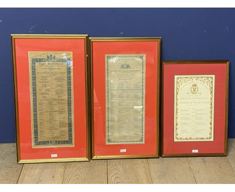 Three framed and glazed original menus, including the original menu for the entertainment for His Majesty the King of Sardini