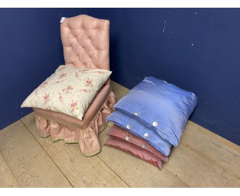 Small bedroom chair,  upholstered and button backed in pink fabric and silk cushions. In used condition 