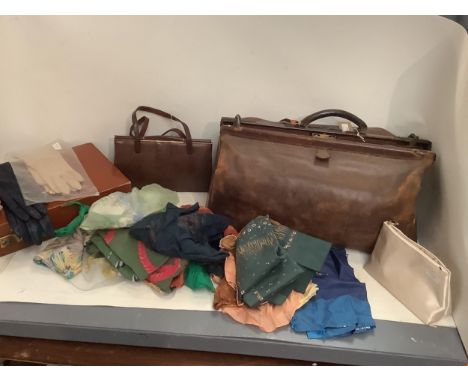 Vintage leather handbag, stationery case and Gladstone bag, and scarves, gloves and ballet shoes. All as found and in used co