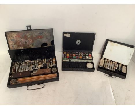 Quantity of Vintage painting materials including a Windsor &amp; Newton black tin "The Painting Box"; The Reeves Student Colo