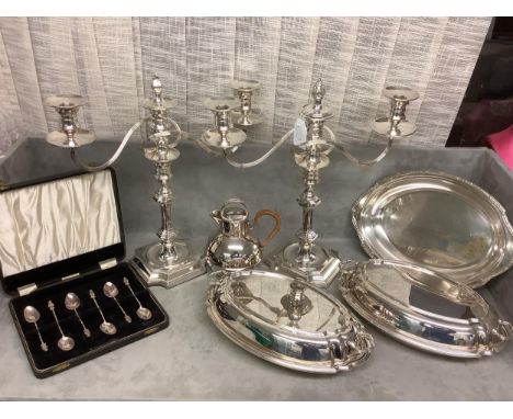 Qty of Silver plate to include a pair of  branch candlesticks, lidded dishes &amp; bamboo handled teapot &amp; Chinese silver