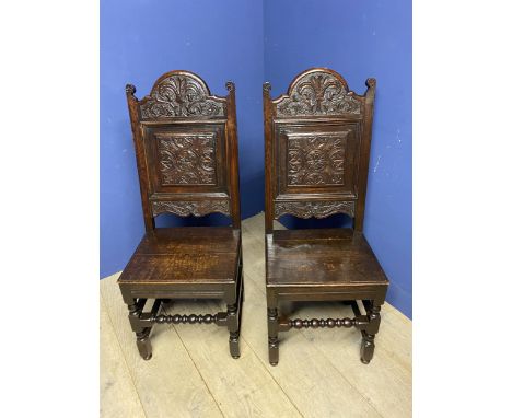 Pair of good Antique oak carved high back side chairs with solid seats with bobbin turned front stretchers 46x40x116 cm 