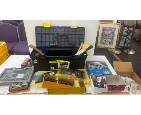 Large selection of assorted tools including Stanley tool box, screw driver set, hammers, planes, saws etc 