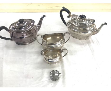 Hallmarked 3 Piece silver tea service, makers mark J.D &amp; S date letter U total weight 875grams and 2 other silver plated 