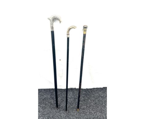 Selection of 3 vintage walking sticks, with silver plated handles / rims 