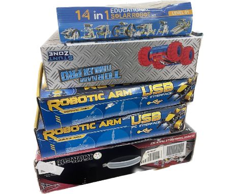 Selection of new boxed childrens toys to include Robotic arm, Tornado tumbler pro, educational 14 in 1 solar robot, Cars Thom