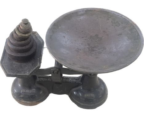 Set of vintage kitchen scales and weights 