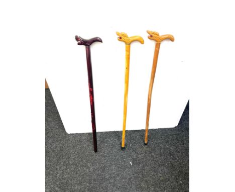 3 Vintage carved dragon handled walking sticks, with ball in the dragons mouth 