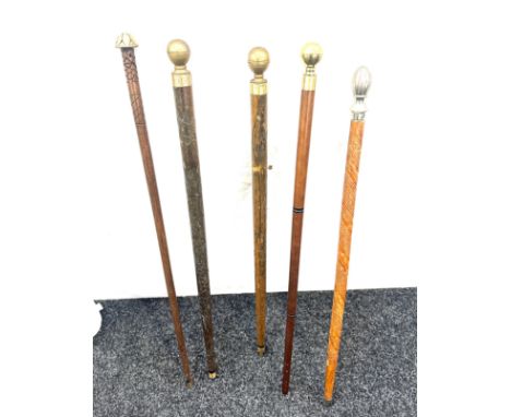 Selection of vintage wooden walking sticks with brass ball tops  (5 in total) 