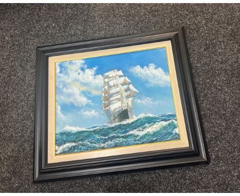 John Ambrose Oil On Canvas Signed Painting Seascape Framed measures approx 24 inches tall by 26 inches wide 