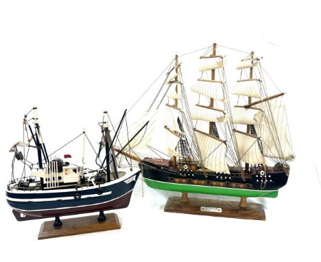 2 model ships to includes ship named Fragata, tallest measures approximately 17 inches 
